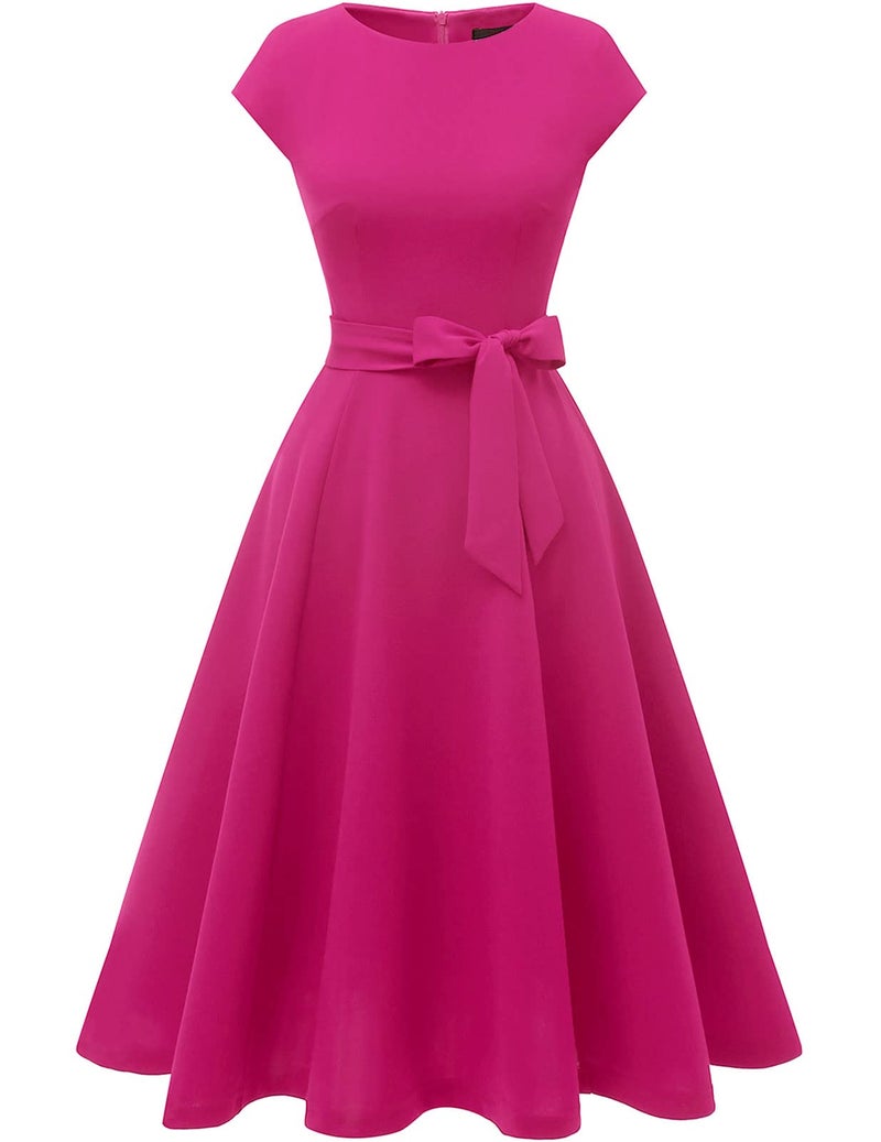 DRESSTELLS Cocktail Dresses, Formal Wedding Guest Dresses for Women 2024, Modest Summer Fit Flare Aline Vintage Homecoming Party Dress Fuchsia Hot Pink Rose L - Image 2