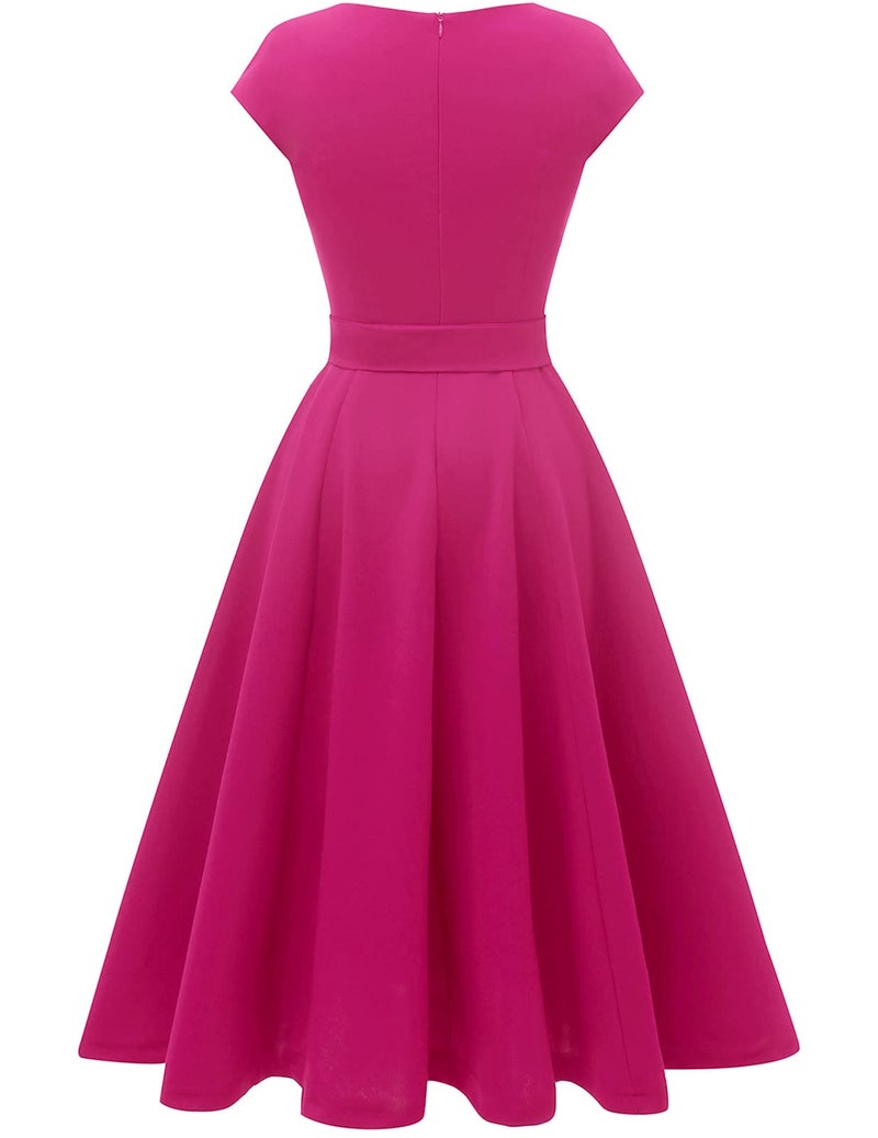 DRESSTELLS Cocktail Dresses, Formal Wedding Guest Dresses for Women 2024, Modest Summer Fit Flare Aline Vintage Homecoming Party Dress Fuchsia Hot Pink Rose L - Image 3