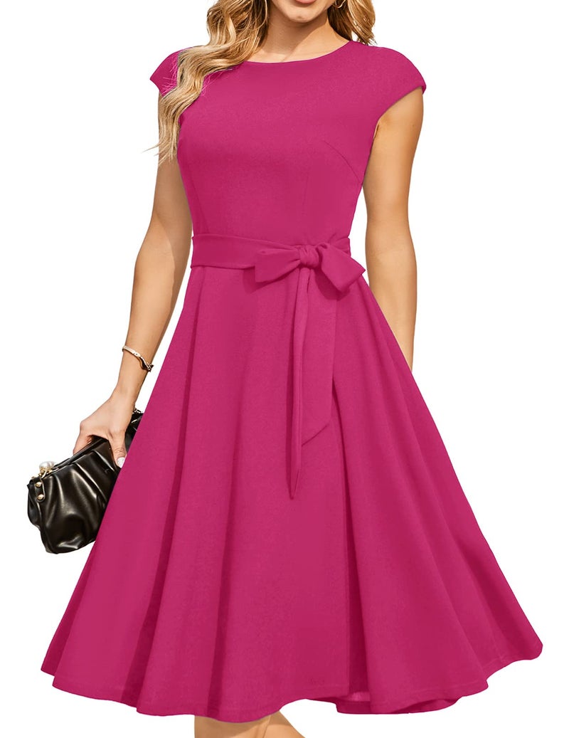 DRESSTELLS Cocktail Dresses, Formal Wedding Guest Dresses for Women 2024, Modest Summer Fit Flare Aline Vintage Homecoming Party Dress Fuchsia Hot Pink Rose L - Image 4