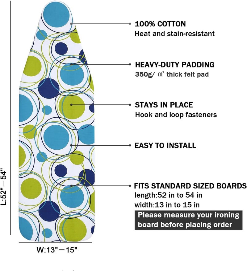 LCLW Ironing Board Cover and Pad Standard Size 15" x 54",3 Pairs of Hook and Loop Fastener Straps,Elastic Edges,Cotton Iron Board Cover with Scorch Resistant Thick Padding(Colored Circle) - Image 2