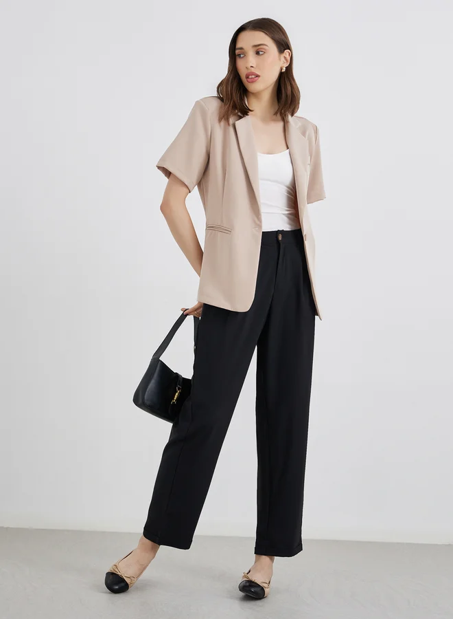 تايك تو Take Two Women Beige Solid Short Sleeve Button Up Blazer