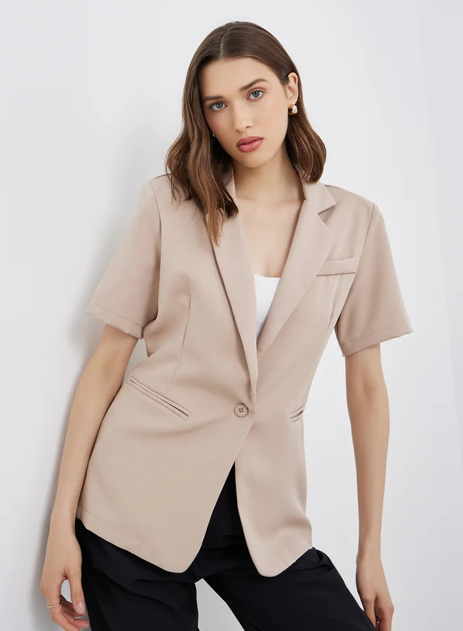 تايك تو Take Two Women Beige Solid Short Sleeve Button Up Blazer