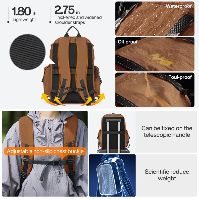 mixi Travel Backpack for Women Men, 18 Inch Carry On Laptop Backpack Flight Approved fits 16'' Laptop, Lightweight Waterproof Hiking Backpack Travel Outdoor Business Casual Daypack, Brown - Image 4