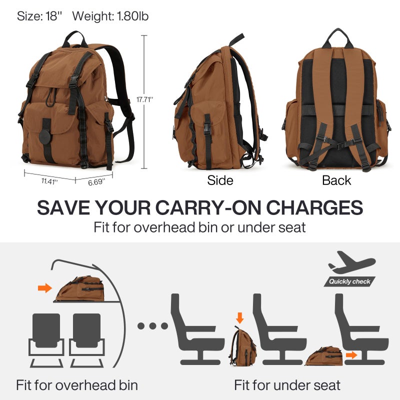 mixi Travel Backpack for Women Men, 18 Inch Carry On Laptop Backpack Flight Approved fits 16'' Laptop, Lightweight Waterproof Hiking Backpack Travel Outdoor Business Casual Daypack, Brown - Image 5
