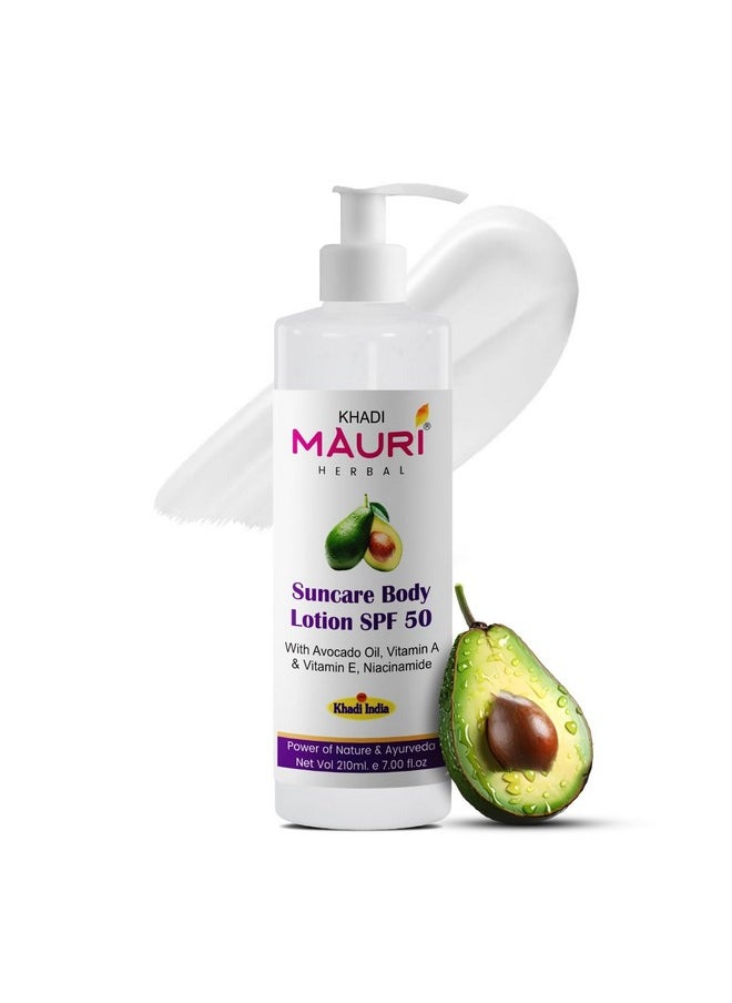 Khadi Mauri Herbal Suncare Body Lotion (Sunscreen) Spf 50 | Broad Spectrum | Hydrates & Nourishes Skin | Enriched With Avocado Oil, Vitamin A & E, Niacinamide | 210 Ml  - Image 1