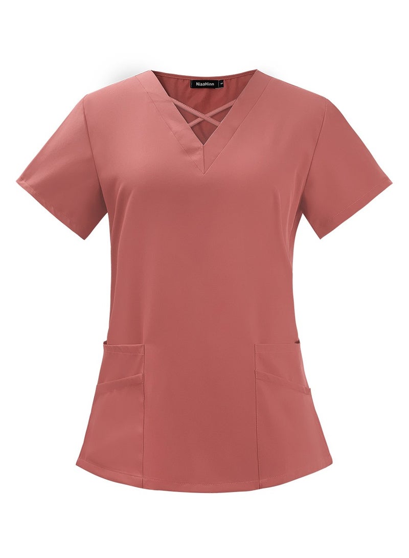 Loquat Womens Medical Uniform Scrubs 2 Piece Set V-Neck Top and Jogger Pants Suit Reddish Orange - Image 2