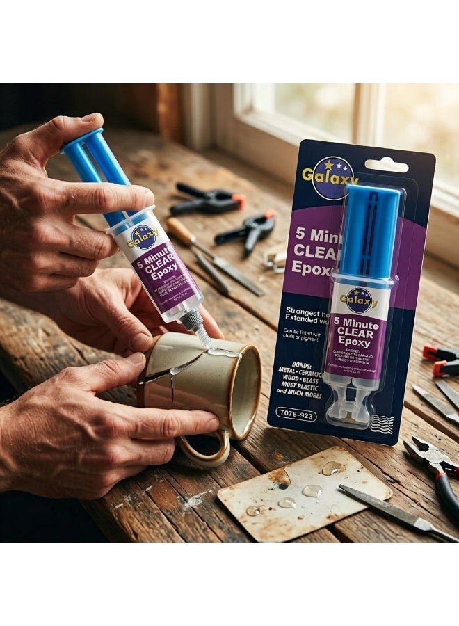 Galaxy 5 Minute Clear Epoxy - Professional Strength Dual Syringe Adhesive - Bonds Metal, Ceramic, Wood, Glass & Plastic - Fast Setting Clear Epoxy Resin for Repairs, Crafts & DIY Projects - 25ml - Image 3
