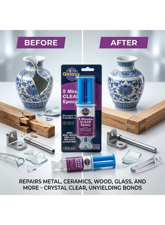 Galaxy 5 Minute Clear Epoxy - Professional Strength Dual Syringe Adhesive - Bonds Metal, Ceramic, Wood, Glass & Plastic - Fast Setting Clear Epoxy Resin for Repairs, Crafts & DIY Projects - 25ml - Image 2