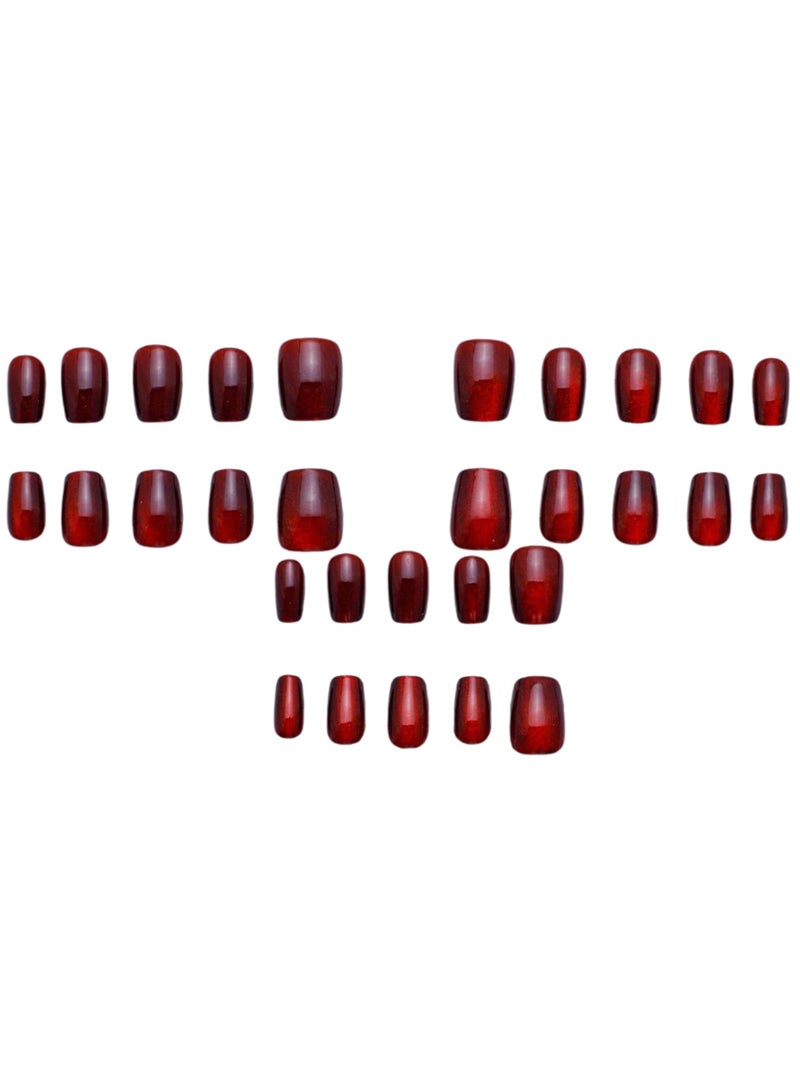30-Piece Claret Glossy Press On Nails, Short Style, Elegant Solid Color, Removable, No Damage to Nails, Finished Nails for Women and Girls - Image 1