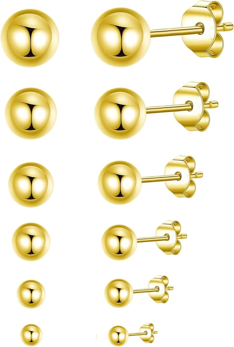 showself 14K Gold Filled Polished Small CZ Pearl Ball Stud Earrings Set for Women Men 20G Surgical Steel Hypoallergenic Piercing Studs for Sensitive Ear, Pack of 6 Pairs - Image 1