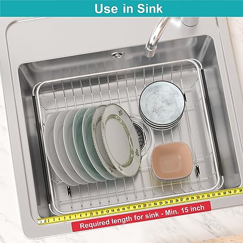 iPEGTOP Expandable Dish Drying Rack Organizer and Utensil Cutlery Holder, 304 Stainless Steel Over Sink Dish Rack, Dish Drainer in Sink or On Counter, Rustproof - Image 4