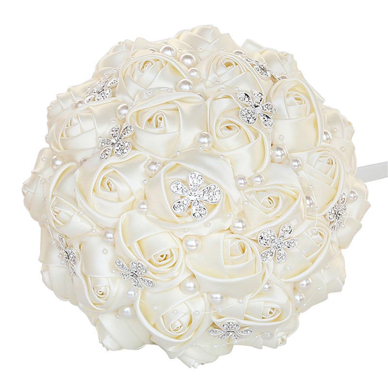 USIX Handcraft Popular Satin Rose Rhinestone Brooch Flower Pearl Bridal Holding Wedding Bouquet Wedding Flower Arrangements Bridesmaid BouquetIvory