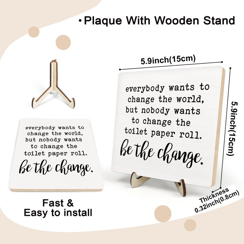 DMADNF Bathroom Decor, Vintage Bathroom Wood Plaque Sign, Everyone Wants to Change the World Bathroom Art Decor, Farmhouse Decor for Shelf Bathroom Toilet Home Decor 5.9x5.9 Inch (White7) - Image 2