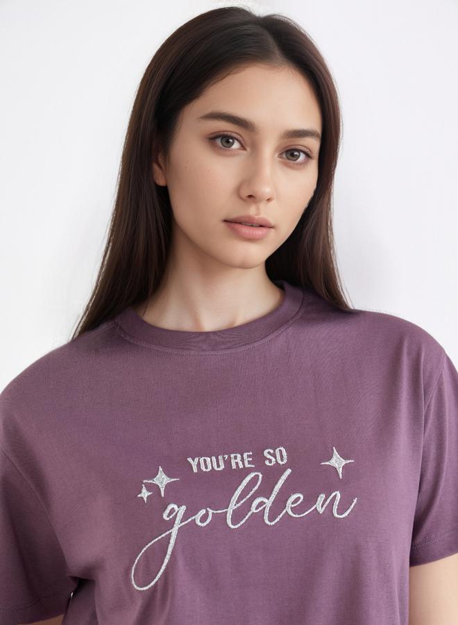 Styli Purple Lurex Embroidered Boxy T-Shirt - Image 3