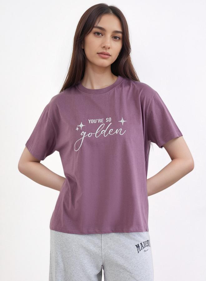Styli Purple Lurex Embroidered Boxy T-Shirt - Image 1