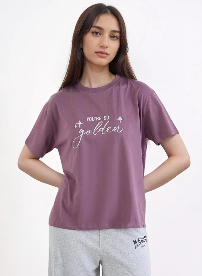 Styli Purple Lurex Embroidered Boxy T-Shirt