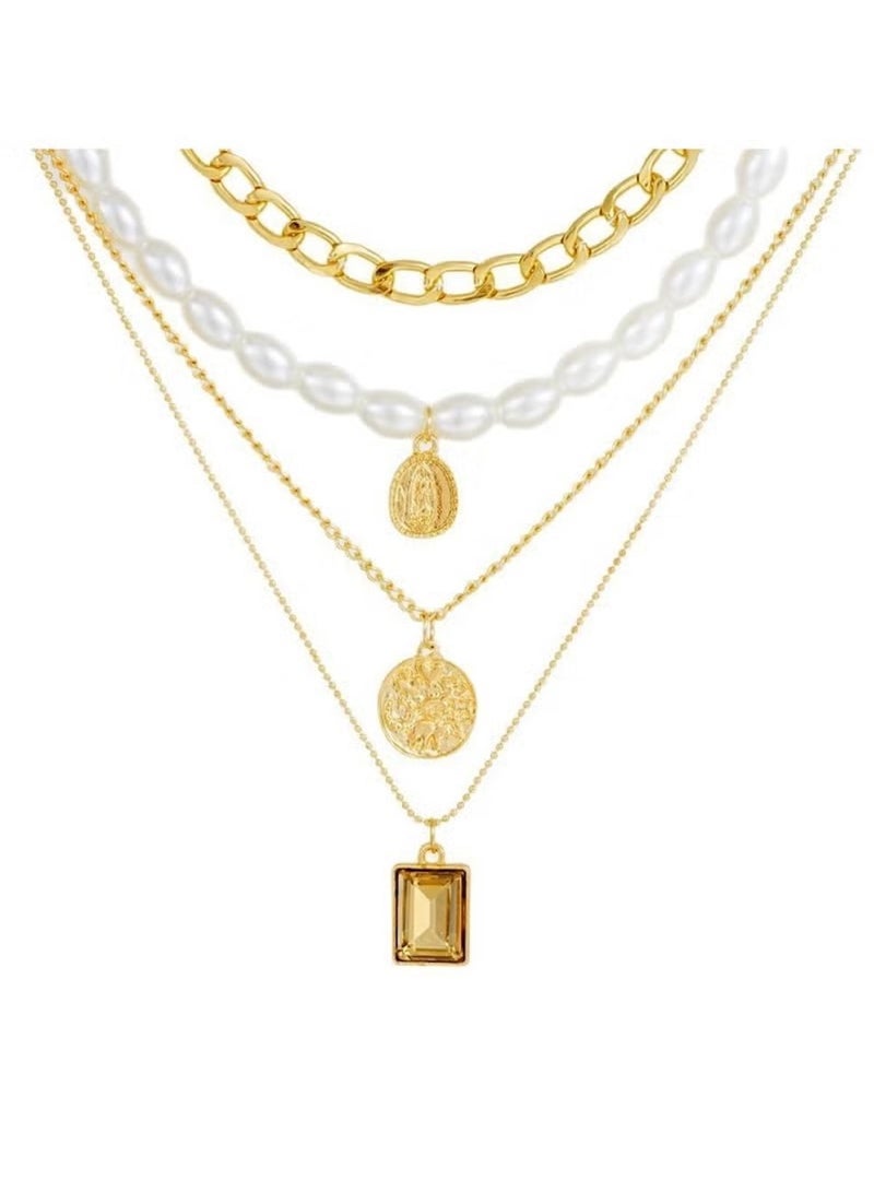 Huitich 4-Piece Gold Colour Layered Necklace Set – Chunky Chain, Faux Pearl & Pendant Styles  - Image 1