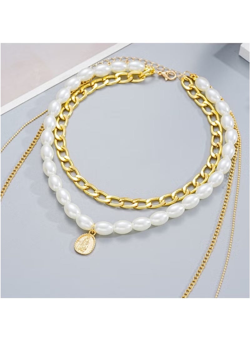 Huitich 4-Piece Gold Colour Layered Necklace Set – Chunky Chain, Faux Pearl & Pendant Styles  - Image 2