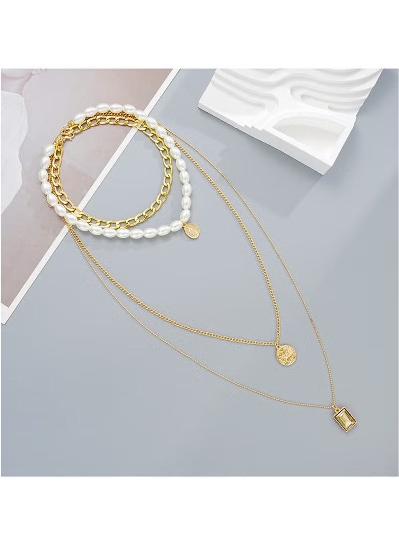 Huitich 4-Piece Gold Colour Layered Necklace Set – Chunky Chain, Faux Pearl & Pendant Styles  - Image 4