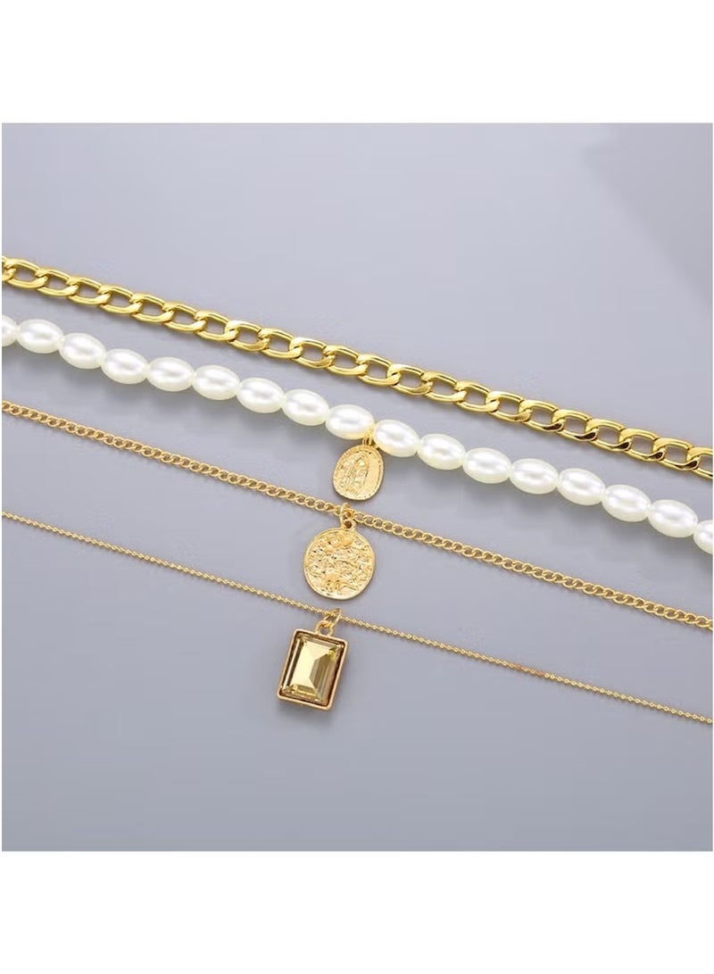Huitich 4-Piece Gold Colour Layered Necklace Set – Chunky Chain, Faux Pearl & Pendant Styles  - Image 3
