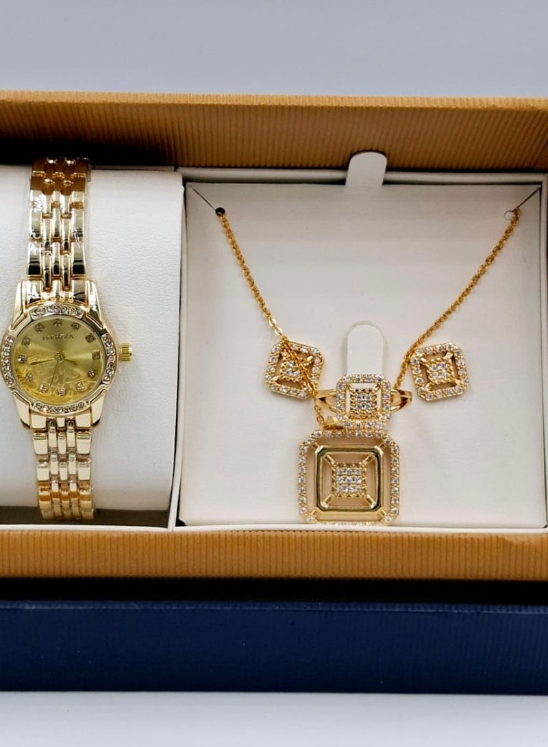 مونتيرا طقم ساعة يد بعقارب وطقم مكون من السلسال والحلق والخاتم للنساء
