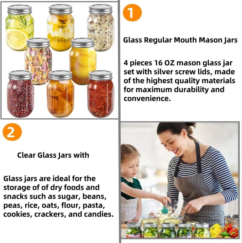 MEETOZ 4 pack Glass Mason Jars,16 oz Clear Glass Jars,with Silver Metal Lids,Overnight Oats, Candies, Honeys, Snacks, Food Storage, Canned Foods, DIY Projects - Image 4