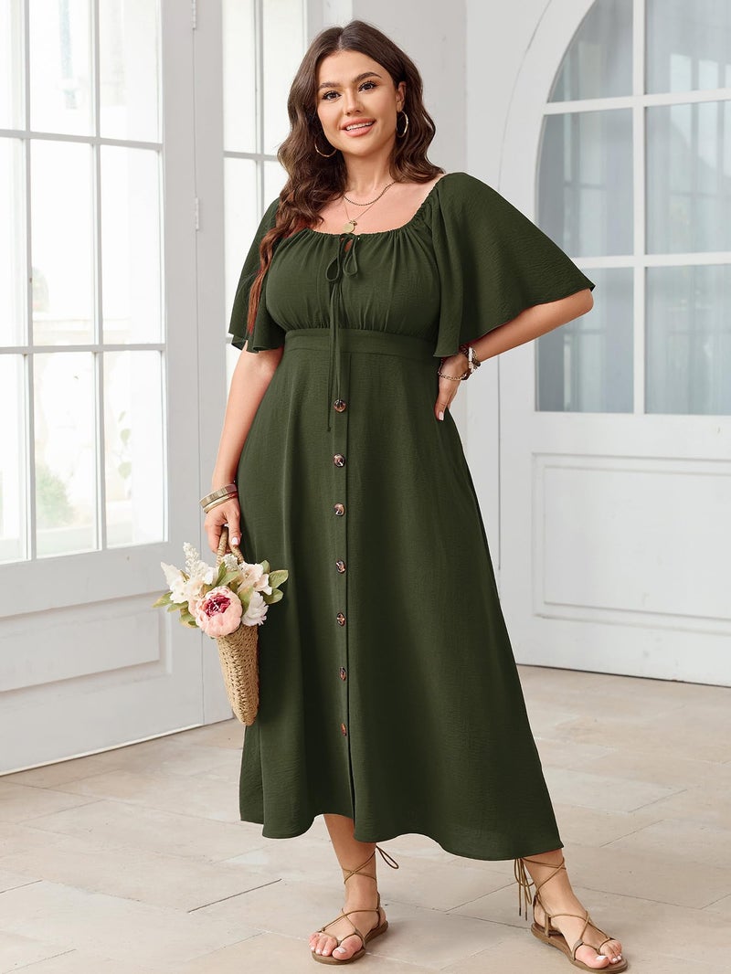 SHESTARR Plus Size Summer Dress Short Sleeve Square Neck Tie Front Smocked Button Down Flowy A-line Boho Maxi Long Dresses Army Green - Image 5