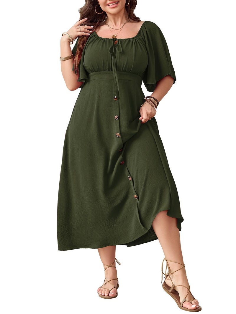 SHESTARR Plus Size Summer Dress Short Sleeve Square Neck Tie Front Smocked Button Down Flowy A-line Boho Maxi Long Dresses Army Green - Image 1