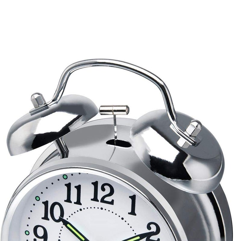 DERIKO Alarm Clock Vintage Twin Bell Table Top Alarm Clock with Night LED Light Display for Heavy Sleepers Kids and Students Silver - Image 4