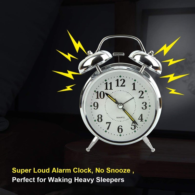 DERIKO Alarm Clock Vintage Twin Bell Table Top Alarm Clock with Night LED Light Display for Heavy Sleepers Kids and Students Silver - Image 2