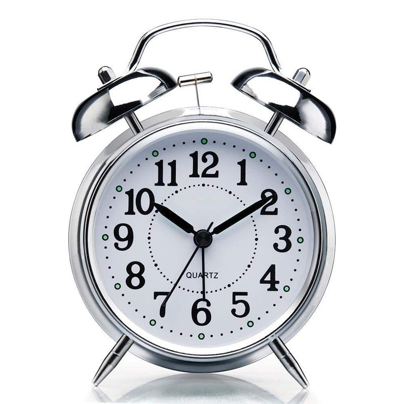 DERIKO Alarm Clock Vintage Twin Bell Table Top Alarm Clock with Night LED Light Display for Heavy Sleepers Kids and Students Silver - Image 1