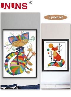 UNUNS Embroidery Starter Kit,2-Piece DIY Cross Stitch Kits For Beginners 11CT 3 Strands,Fox And Cat 32x43cm  - Image 1