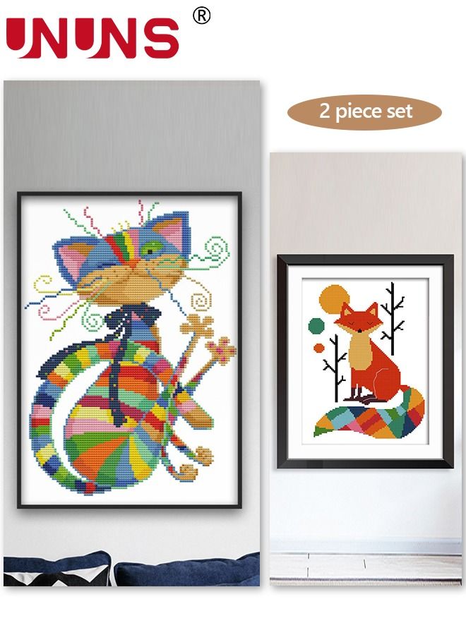 UNUNS Embroidery Starter Kit,2-Piece DIY Cross Stitch Kits For Beginners 11CT 3 Strands,Fox And Cat 32x43cm - Image 1