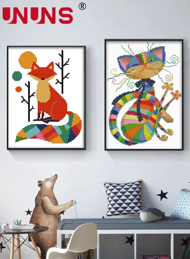 UNUNS Embroidery Starter Kit,2-Piece DIY Cross Stitch Kits For Beginners 11CT 3 Strands,Fox And Cat 32x43cm - Image 3