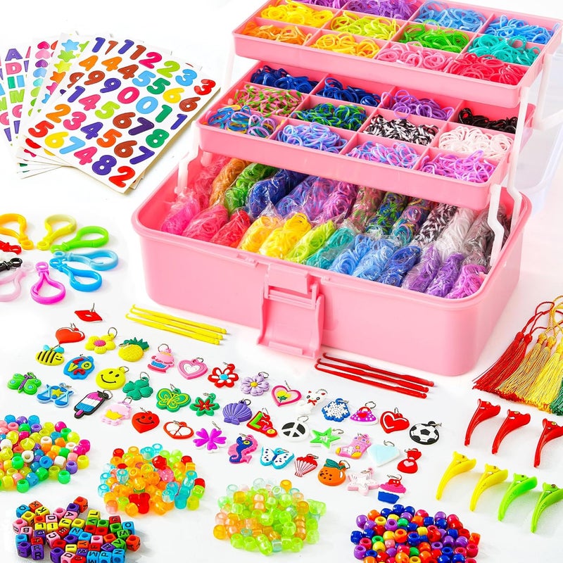 INSCRAFT 17500+ Rubber Loom Bands with 3 Layer Rose Pink Container, 28 Colors, 600 S-Clips, 352 Beads, 40 Cartoon Pendant, Bracelet Making Refill Kit for Kids - Image 1
