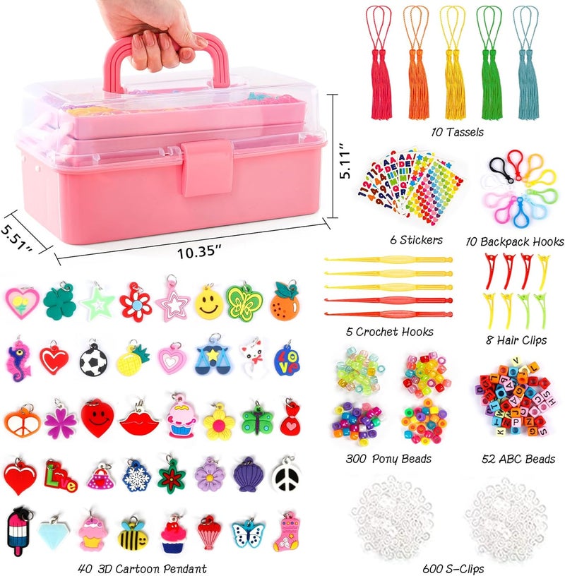 INSCRAFT 17500+ Rubber Loom Bands with 3 Layer Rose Pink Container, 28 Colors, 600 S-Clips, 352 Beads, 40 Cartoon Pendant, Bracelet Making Refill Kit for Kids - Image 2