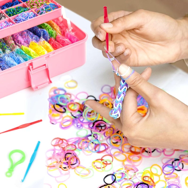 INSCRAFT 17500+ Rubber Loom Bands with 3 Layer Rose Pink Container, 28 Colors, 600 S-Clips, 352 Beads, 40 Cartoon Pendant, Bracelet Making Refill Kit for Kids - Image 4