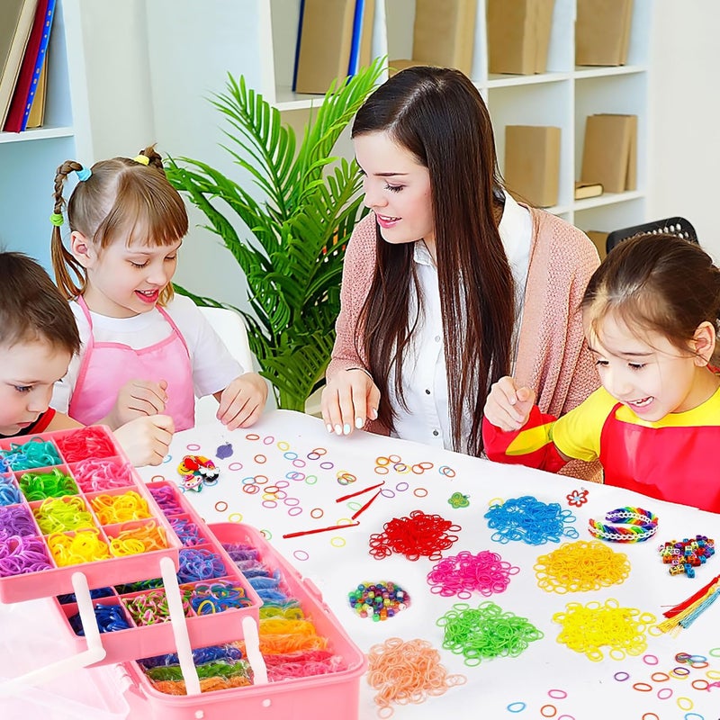 INSCRAFT 17500+ Rubber Loom Bands with 3 Layer Rose Pink Container, 28 Colors, 600 S-Clips, 352 Beads, 40 Cartoon Pendant, Bracelet Making Refill Kit for Kids - Image 5