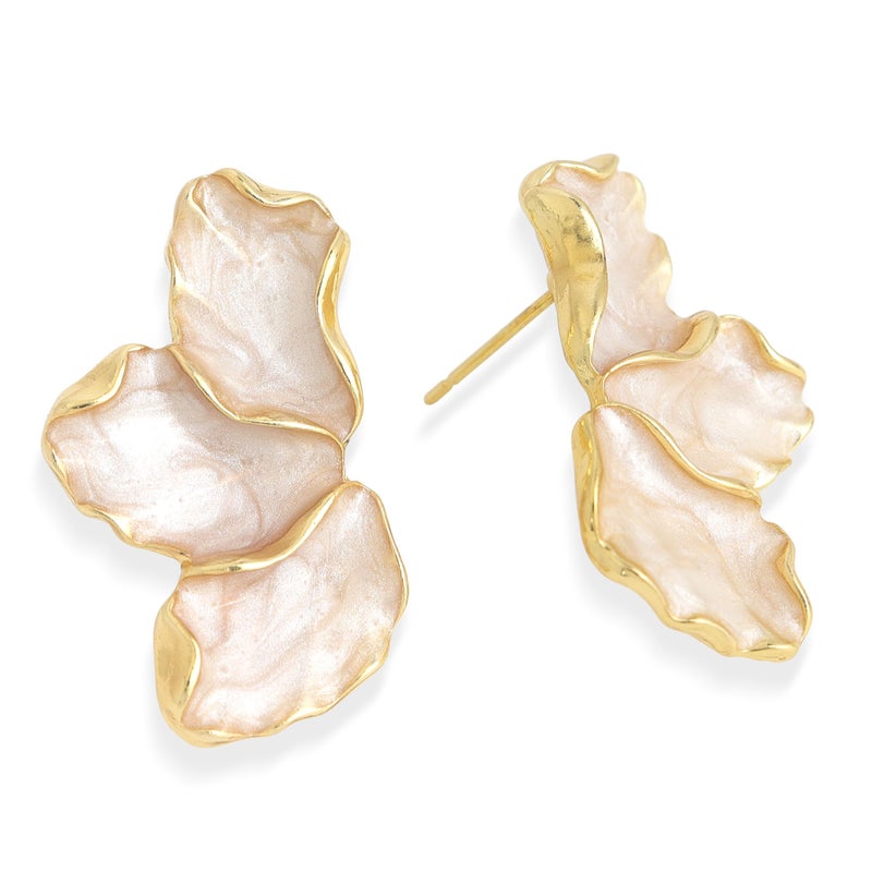 Jean Beau JeanBeau Gold Flower Petal Stud Earrings for Women, Trendy Statement White Beige Enamel Floral Hypoallergenic Earing Summer Prom Fashion Jewelry Gift - Image 1