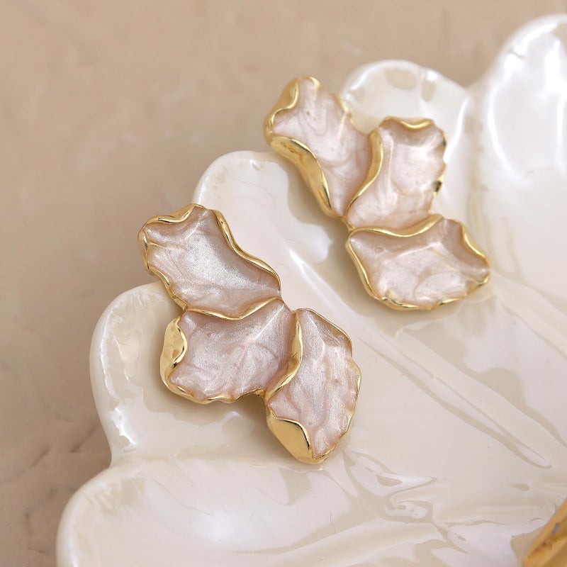 Jean Beau JeanBeau Gold Flower Petal Stud Earrings for Women, Trendy Statement White Beige Enamel Floral Hypoallergenic Earing Summer Prom Fashion Jewelry Gift - Image 5
