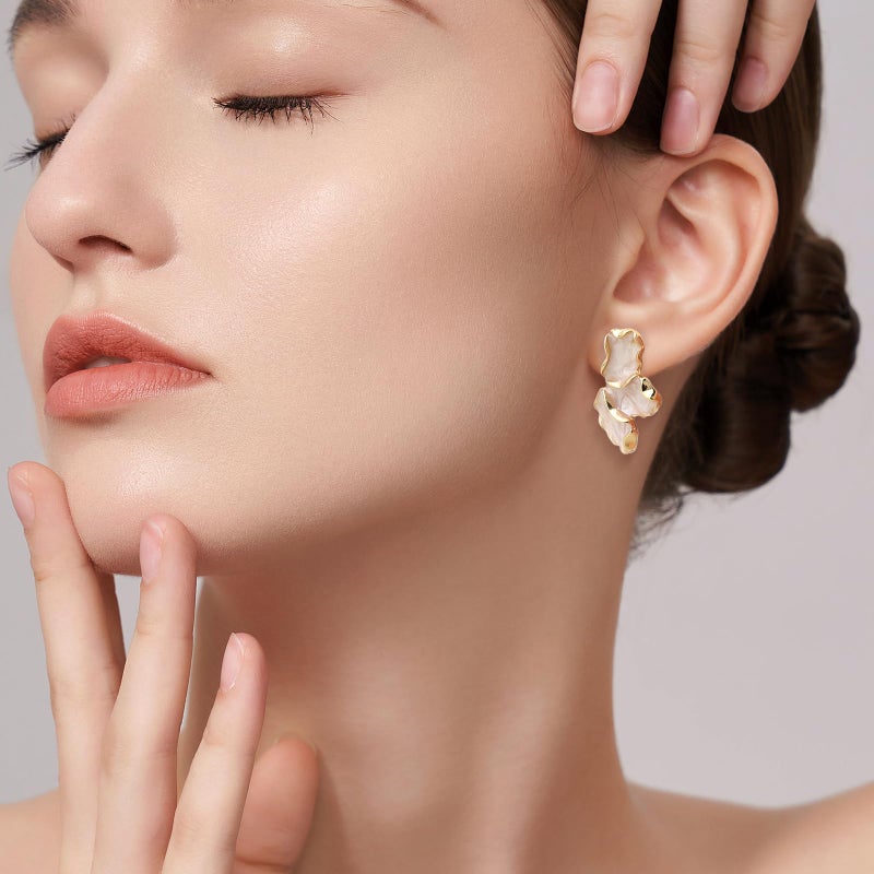 Jean Beau JeanBeau Gold Flower Petal Stud Earrings for Women, Trendy Statement White Beige Enamel Floral Hypoallergenic Earing Summer Prom Fashion Jewelry Gift - Image 2