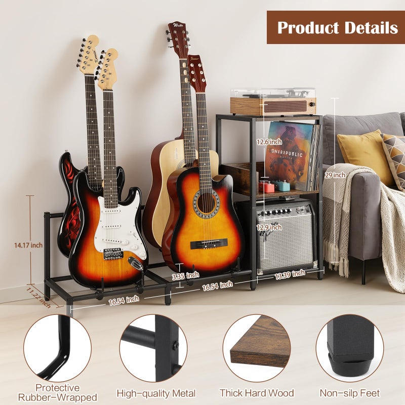 Bikoney Guitar Stand for 4 Guitars - Acoustic, Electric, Bass & Ukulele Floor Rack with 2 Wood Shelves for Amp Holder, Vinyl Records & Media Storage - Adjustable Multi Guitar Display Stand for Music Studio Home (Patent) - Image 3