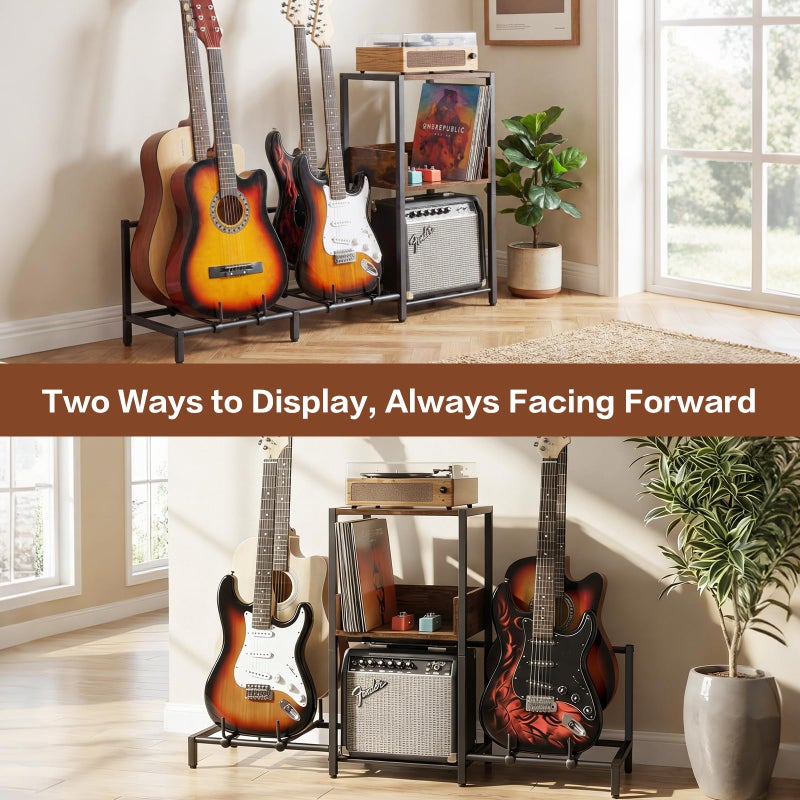 Bikoney Guitar Stand for 4 Guitars - Acoustic, Electric, Bass & Ukulele Floor Rack with 2 Wood Shelves for Amp Holder, Vinyl Records & Media Storage - Adjustable Multi Guitar Display Stand for Music Studio Home (Patent) - Image 5