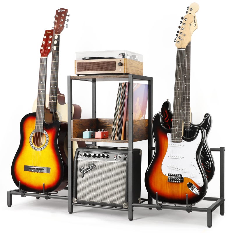 Bikoney Guitar Stand for 4 Guitars - Acoustic, Electric, Bass & Ukulele Floor Rack with 2 Wood Shelves for Amp Holder, Vinyl Records & Media Storage - Adjustable Multi Guitar Display Stand for Music Studio Home (Patent) - Image 1