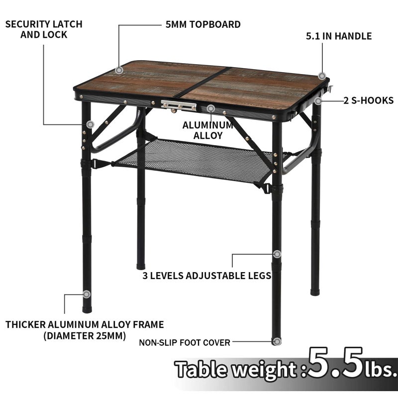 Kcmploro Folding Picnic Table 2ft Portable Camping Table Adjustable Heights Metal Aluminum Lightweight Foldable Small Outdoor Card Table with Carry Handle for Outside Indoor Camp Cooking BBQ Beach - Image 3
