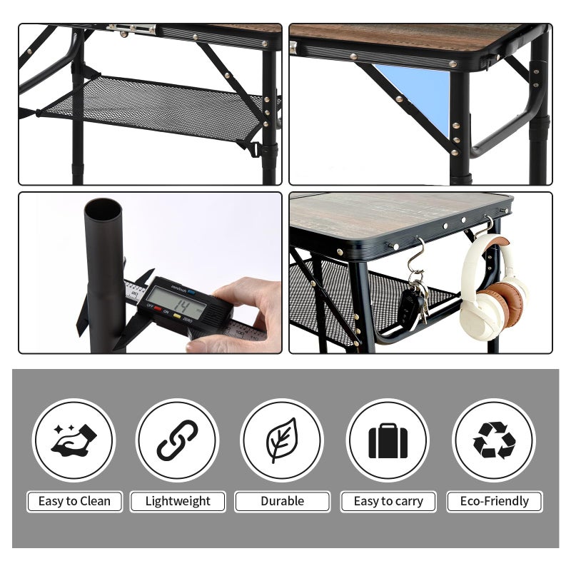 Kcmploro Folding Picnic Table 2ft Portable Camping Table Adjustable Heights Metal Aluminum Lightweight Foldable Small Outdoor Card Table with Carry Handle for Outside Indoor Camp Cooking BBQ Beach - Image 4