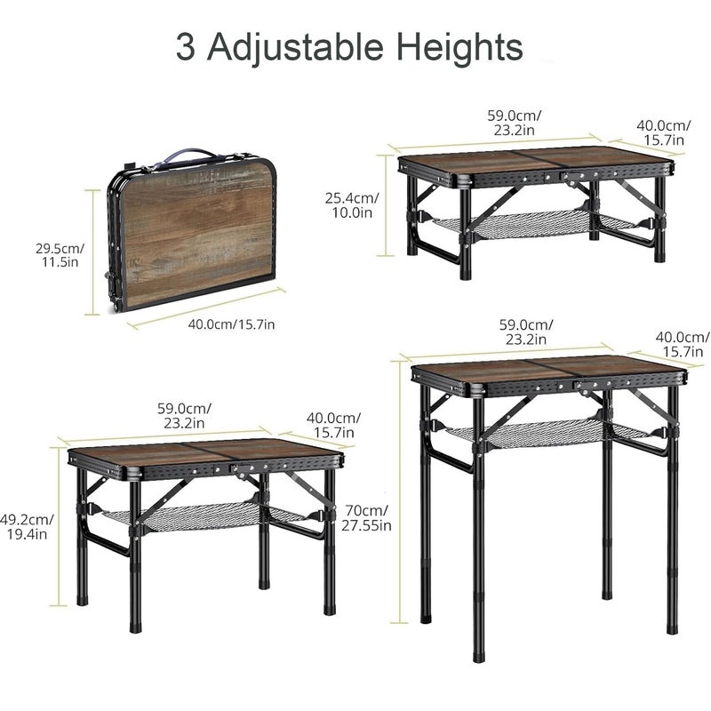 Kcmploro Folding Picnic Table 2ft Portable Camping Table Adjustable Heights Metal Aluminum Lightweight Foldable Small Outdoor Card Table with Carry Handle for Outside Indoor Camp Cooking BBQ Beach - Image 2