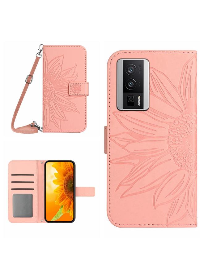 The Bros Case For Xiaomi Poco F5 Pro Skin Feel Sun Flower Embossed Flip Leather Phone Case with Lanyard
