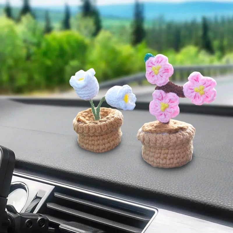 Yangshine 4 Pieces Mini Artificial Flowers in Pot Handmade Crochet Knitted Flowers Pink Peach Blossom Lily of the Valley Balloon Flower for Home Office Car Dashboard Decoration, Color - Image 3