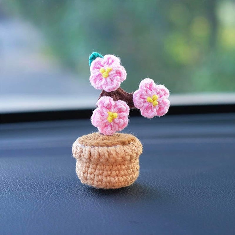 Yangshine 4 Pieces Mini Artificial Flowers in Pot Handmade Crochet Knitted Flowers Pink Peach Blossom Lily of the Valley Balloon Flower for Home Office Car Dashboard Decoration, Color - Image 4